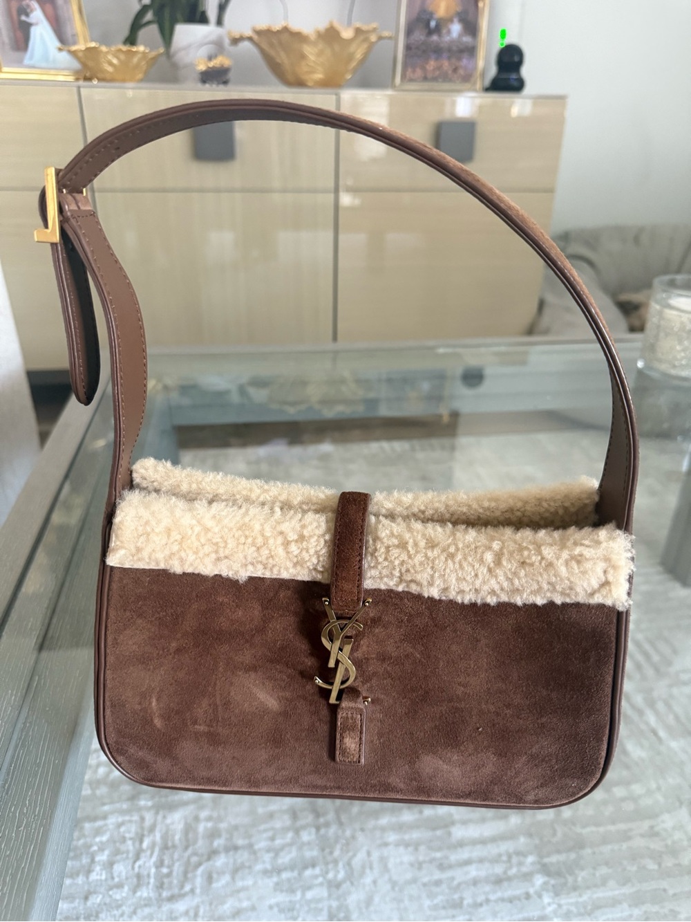 Saint Laurent Brown Suede Shoulder Bag with Cream Shearling Trim